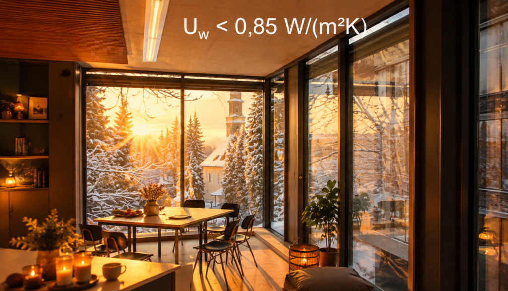 3-fach-Verglasung-hochgedaemmter Fensterrahmen bei energischer Sanierung mit 90% Energiekosteneinsparung