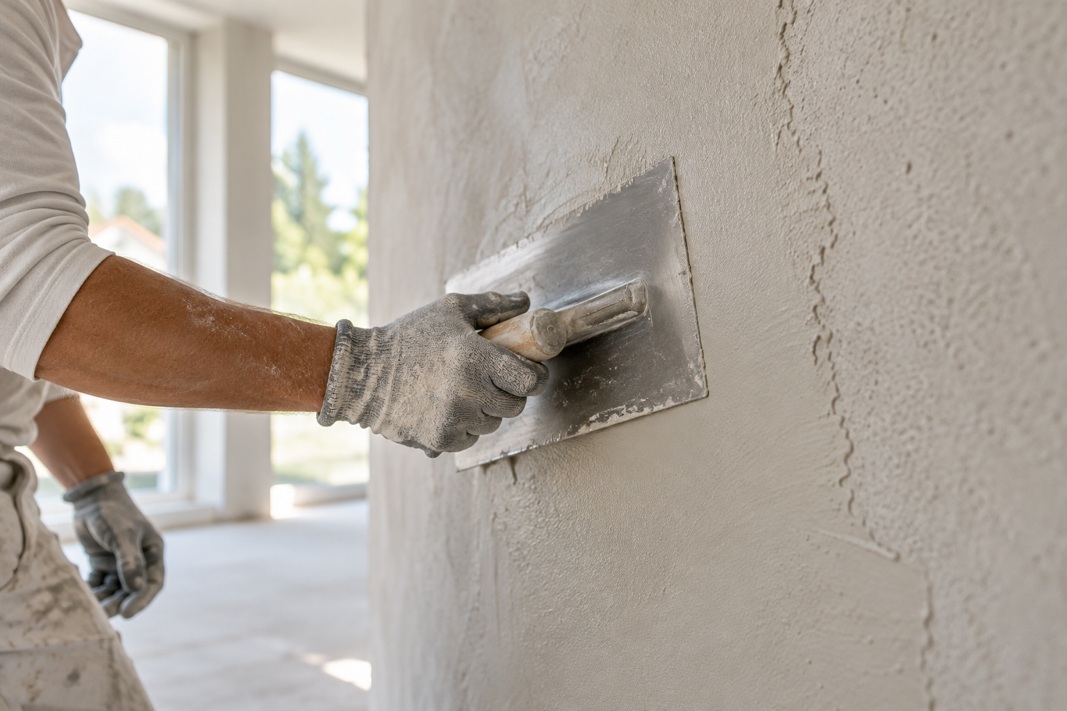 Handwerker glättet frischen Kalkputz an einer Innenwand mit der Glättkelle